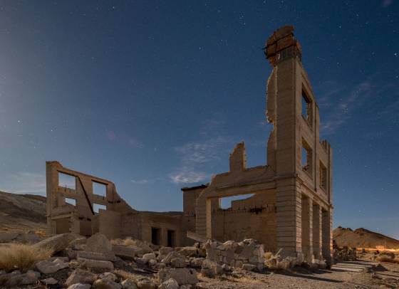 Cook Bank an hour before Sunrise Cook Bank in Rhyolite ghost town, Nevada